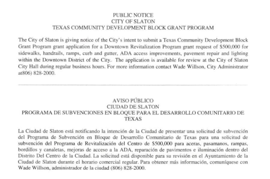 PUBLIC NOTICE: City of Slaton Texas Community Development Block Grant Program (Downtown)