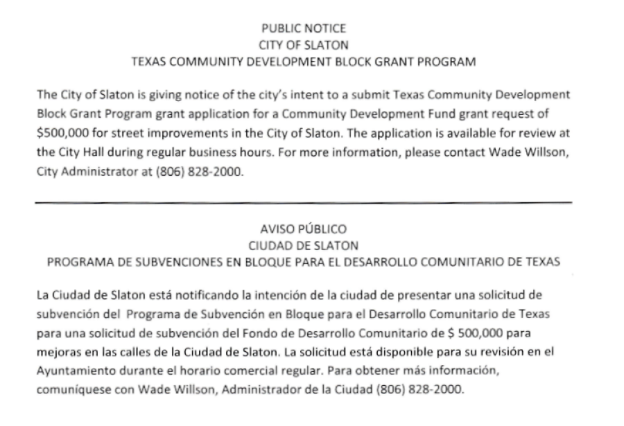 PUBLIC NOTICE: City of Slaton Texas Community Development Block Grant Program (Streets)