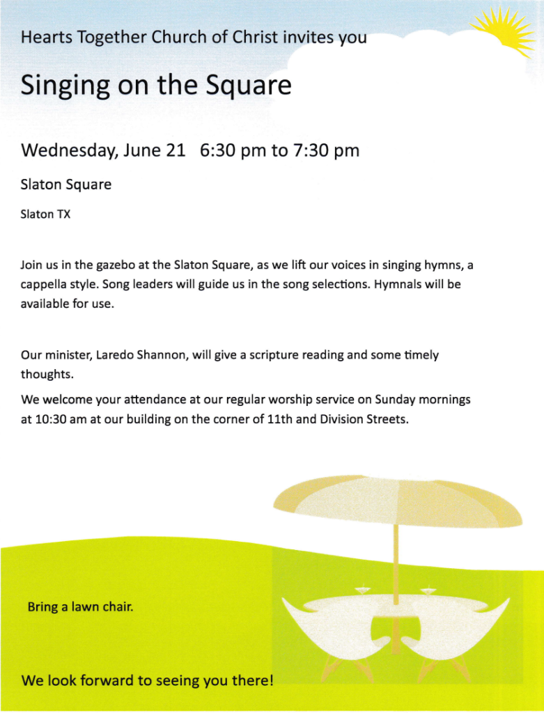 A poster announcing Hearts Together Church of Christ hosting Singing on the Square. The event is Wednesday, June 21 from 6:30 to 7:30 in the evening. Bring a lawn chair.