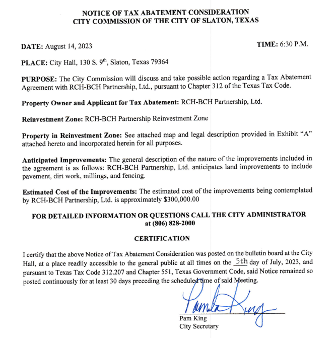 Notice of Tax Abatement Consideration. City Commission of the City of Slaton TX. Aug 14 2023 6:30pm at City Hall